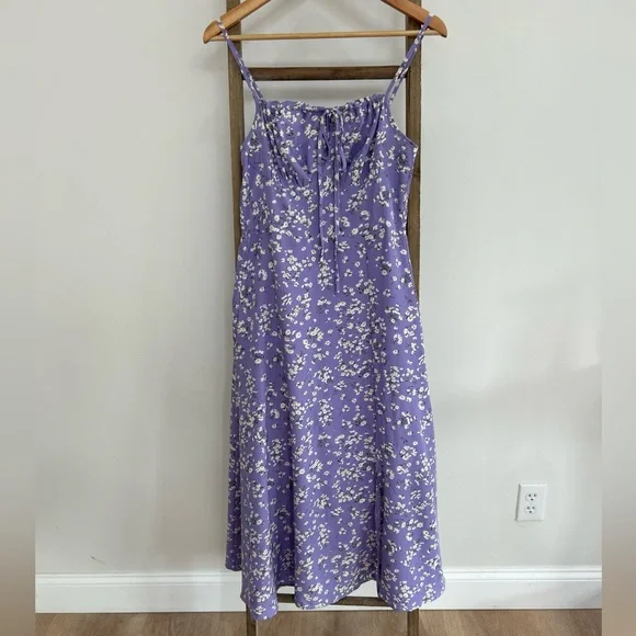Brovave Purple Ditsy Floral Tie Front Smocked Milkmaid MIDI Dress Small NWT Boho - Picture 2 of 13